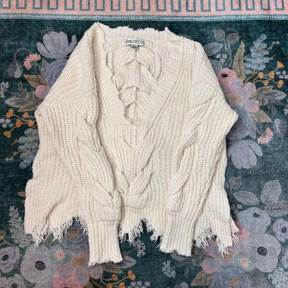 Wildfox Sweater Womens XS White Ivory Knit Braided Distressed Logan Pullover - Picture 7 of 10